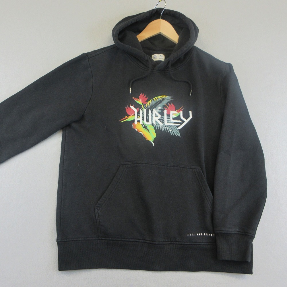 Hurley Hoodie Mens‎ M Black Tropical Floral Graphic Pullover Surf Skate